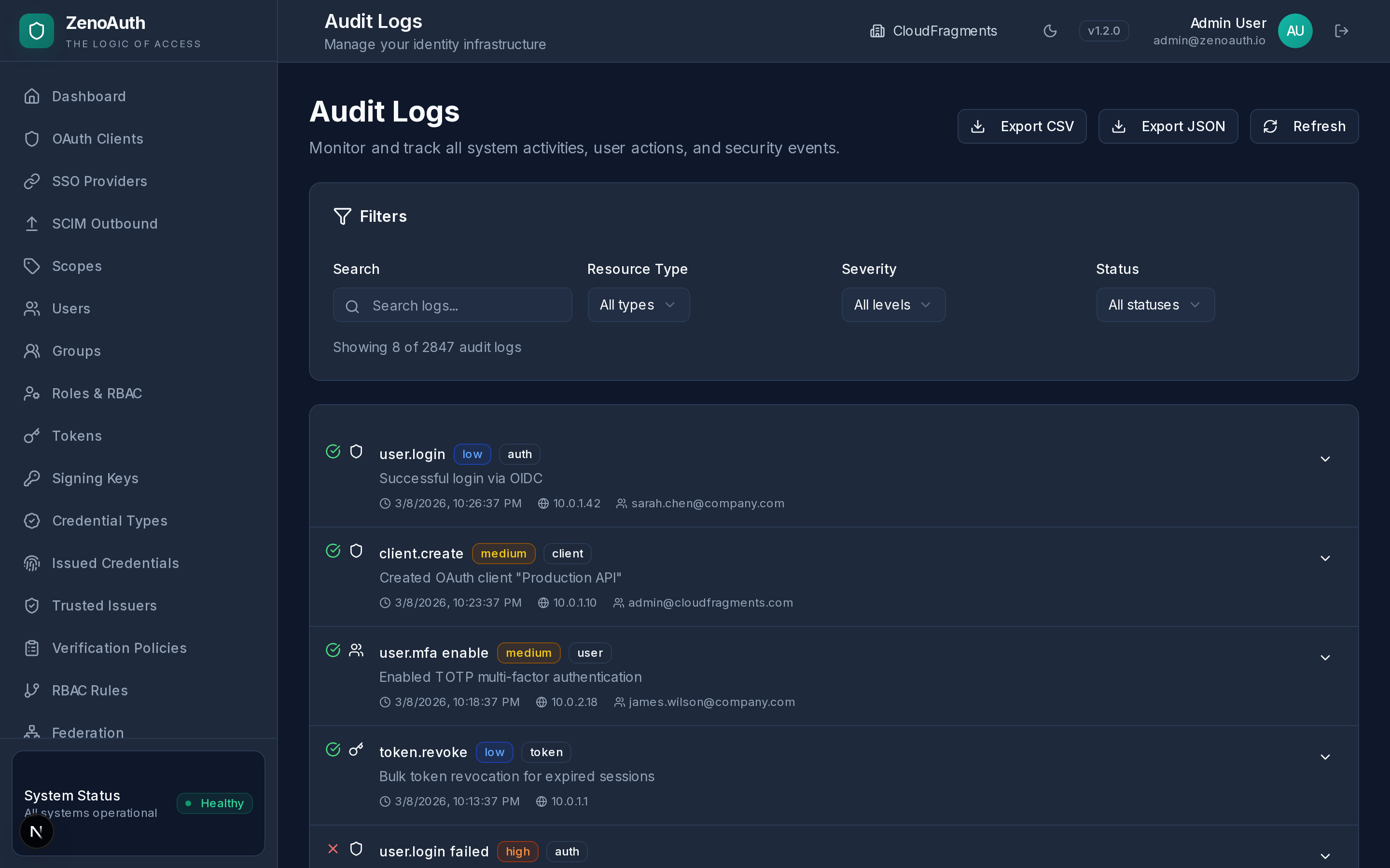Audit log viewer with severity badges, timestamps, and correlation IDs